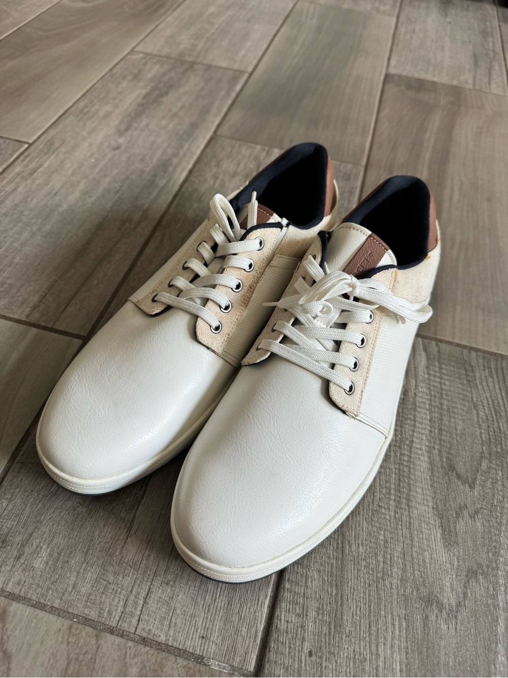 Aldo White Sneakers with Tan Heel Accent